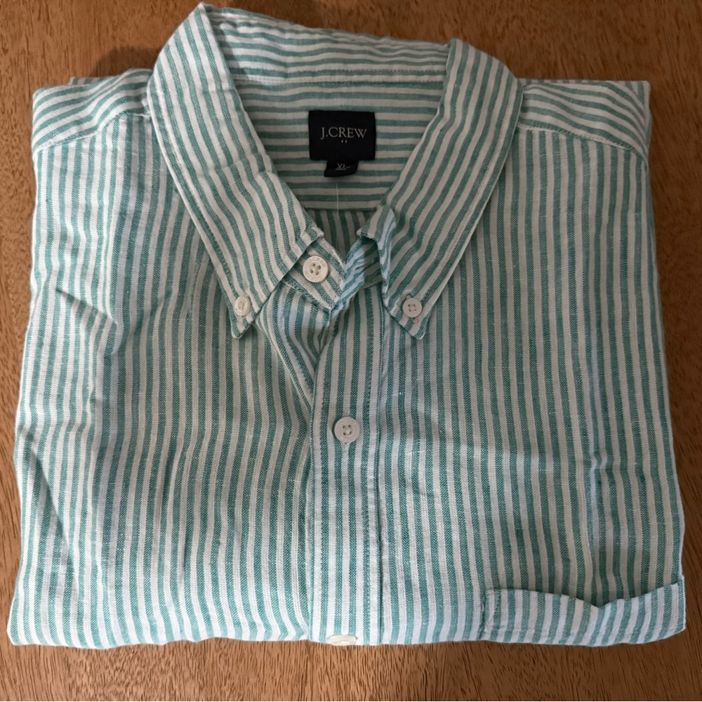 NEW!!JCREW’S White & Green Linen Blend Button Down Shirt, Men’s XL
